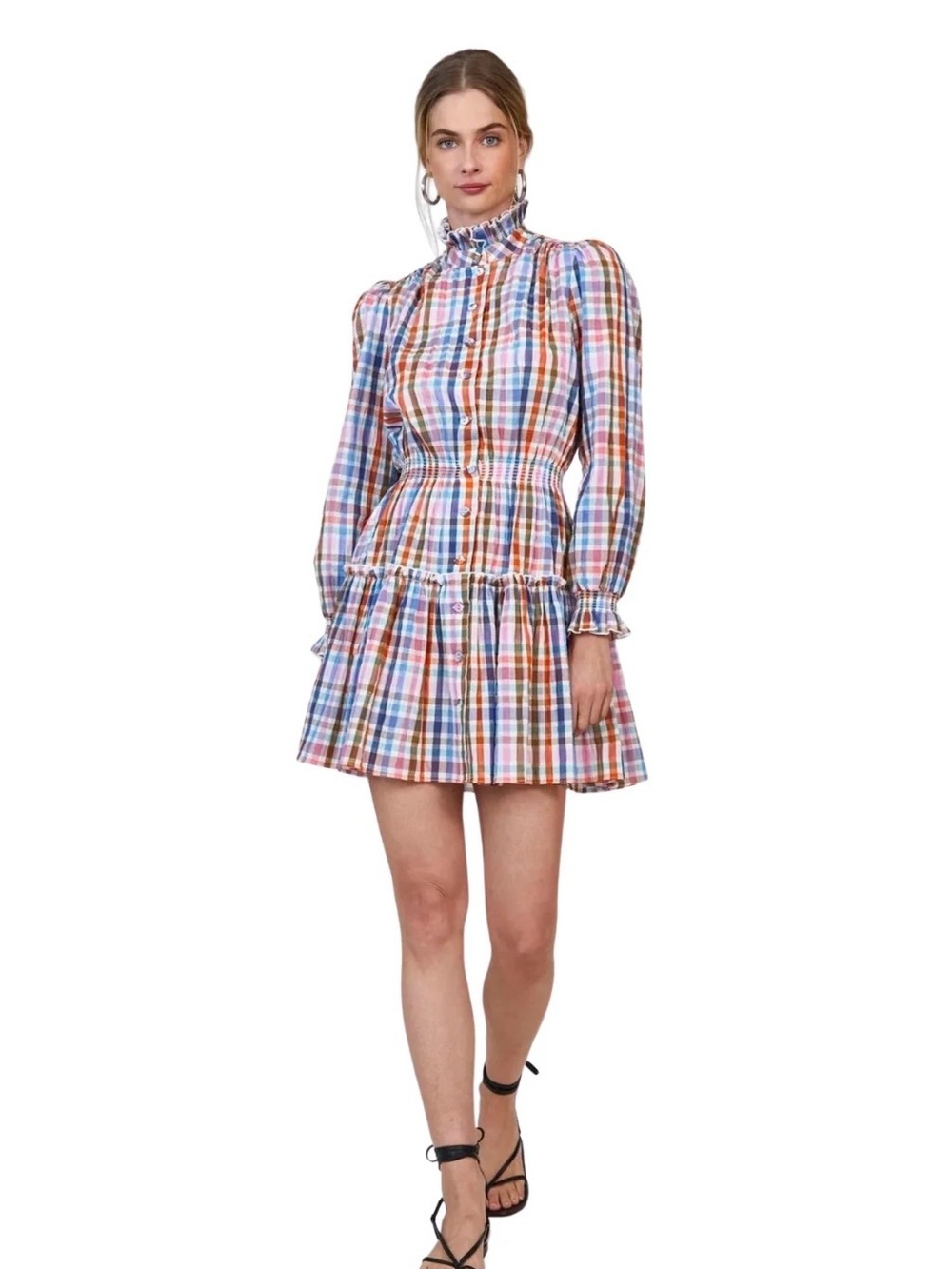 Hunter Bell Joplin Plaid Ruffle High-Neck Mini Dress in Multi-Color
